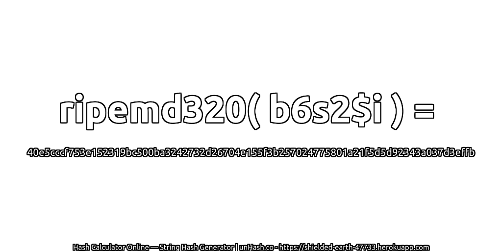 ripemd320( b6s2$i ) = 40e5cccf753e152319bc500ba3242732d26704e155f3b257024775801a21f5d5d92343a037d3effb | unHash.co