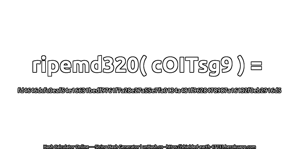 ripemd320( cOITsg9 ) = fd4646dcfc0eaf54e16631bedf9761f7a28e27a55e7fa0134a481f9628478987a16132f0eb2916d5 | unHash.co