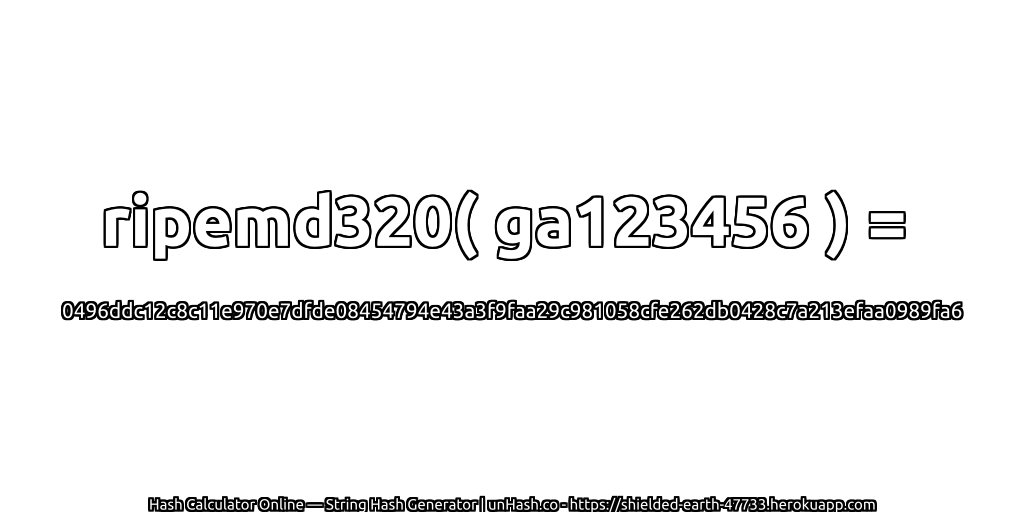 ripemd320( ga123456 ) = 0496ddc12c8c11e970e7dfde08454794e43a3f9faa29c981058cfe262db0428c7a213efaa0989fa6 | unHash.co