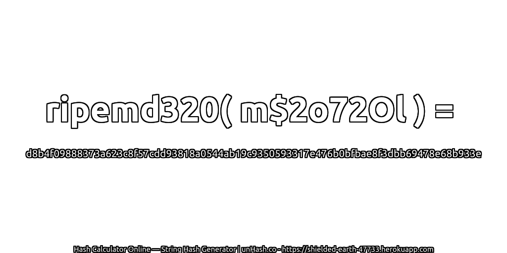 ripemd320( m$2o72Ol ) = d8b4f09888373a623c8f57cdd93818a0544ab19c9350593317e476b0bfbae8f3dbb69478e68b933e | unHash.co