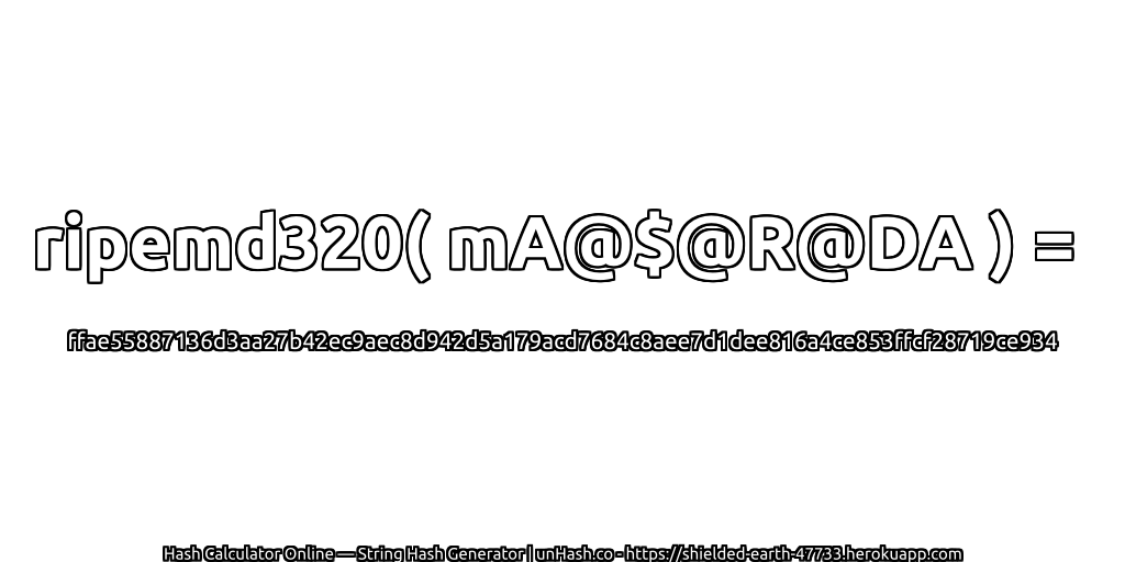 ripemd320( mA@$@R@DA ) = ffae55887136d3aa27b42ec9aec8d942d5a179acd7684c8aee7d1dee816a4ce853ffcf28719ce934 | unHash.co