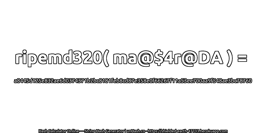 ripemd320( ma@$4r@DA ) = a8445d125e832ae6d0374371b2bc8181feb8cd87e358e0f66267f11a53ee700aa9f548ae3bc78760 | unHash.co