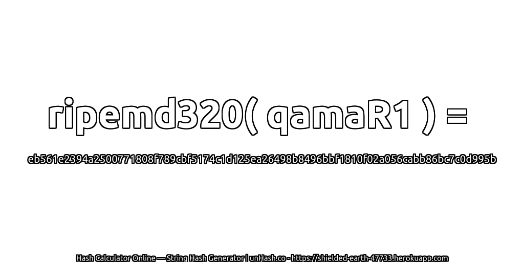ripemd320( qamaR1 ) = eb561e2394a2500771808f789cbf5174c1d125ea26498b8496bbf1810f02a056cabb86bc7c0d995b | unHash.co