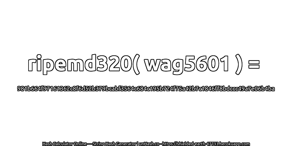 ripemd320( wag5601 ) = 981b664f97161362c8f6d52b379bcabf3564c684c195b724f75a42b7c1846ff8bdccc49a7e06b4ba | unHash.co