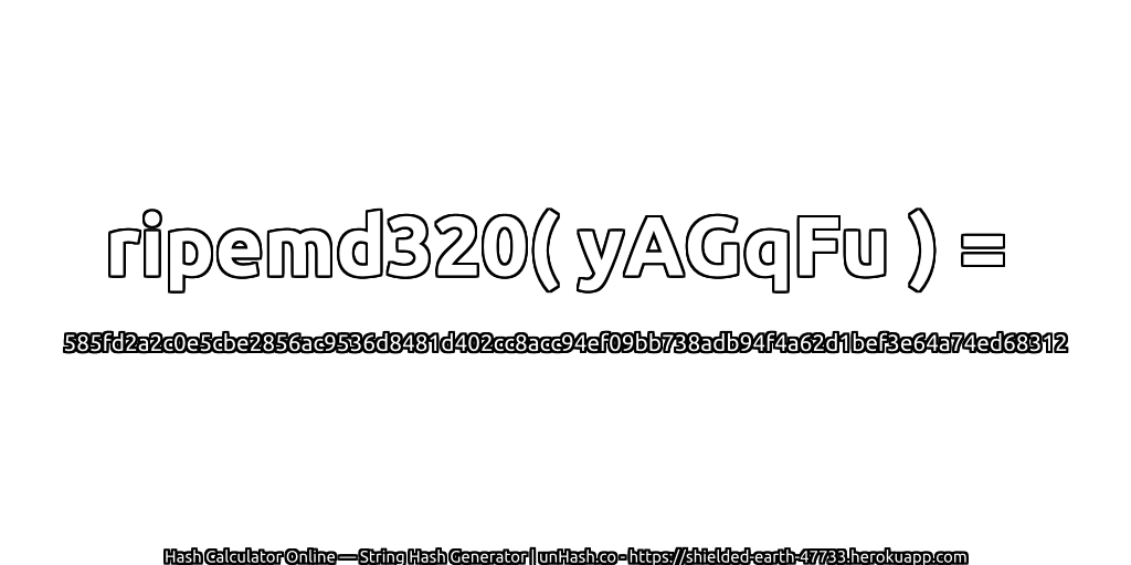 ripemd320( yAGqFu ) = 585fd2a2c0e5cbe2856ac9536d8481d402cc8acc94ef09bb738adb94f4a62d1bef3e64a74ed68312 | unHash.co
