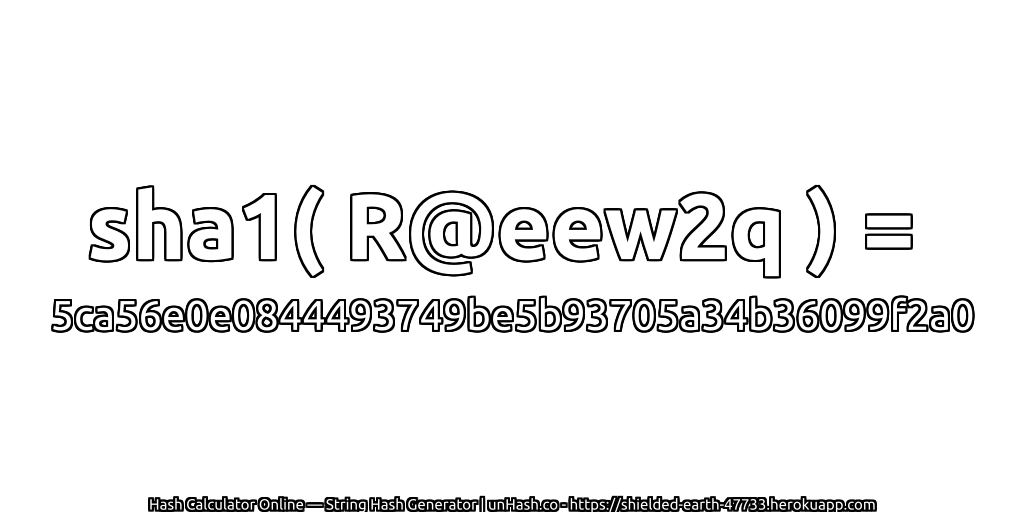 sha1( R@eew2q ) = 5ca56e0e0844493749be5b93705a34b36099f2a0 | unHash.co