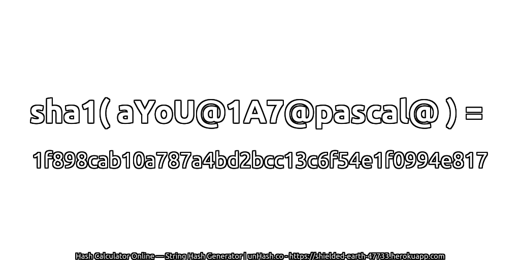 sha1( aYoU@1A7@pascal@ ) = 1f898cab10a787a4bd2bcc13c6f54e1f0994e817 | unHash.co