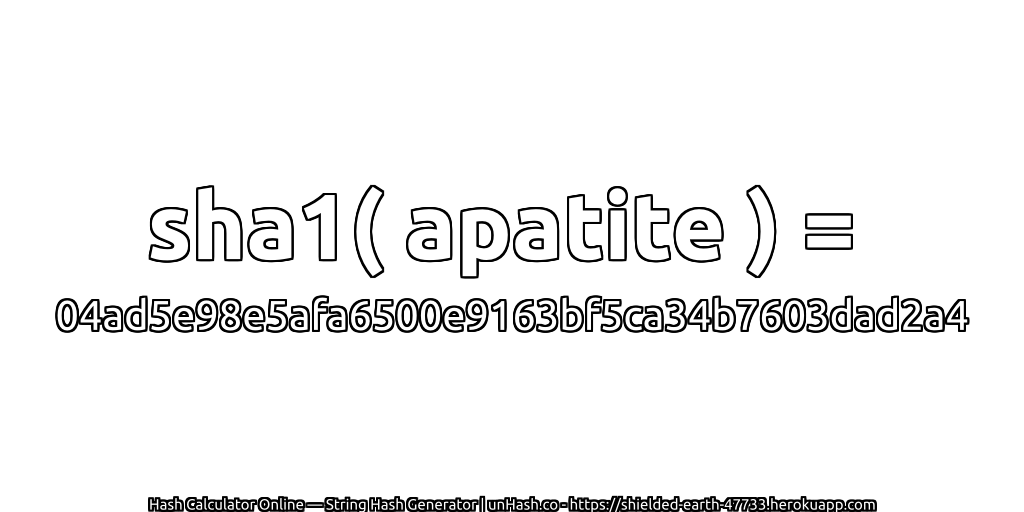 sha1( apatite ) = 04ad5e98e5afa6500e9163bf5ca34b7603dad2a4 | unHash.co