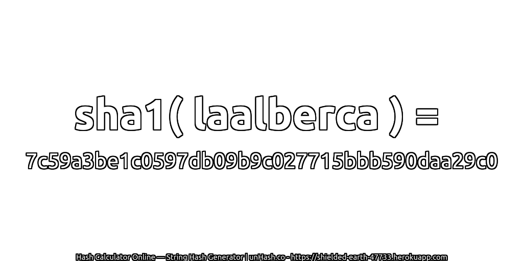 sha1( laalberca ) = 7c59a3be1c0597db09b9c027715bbb590daa29c0 | unHash.co