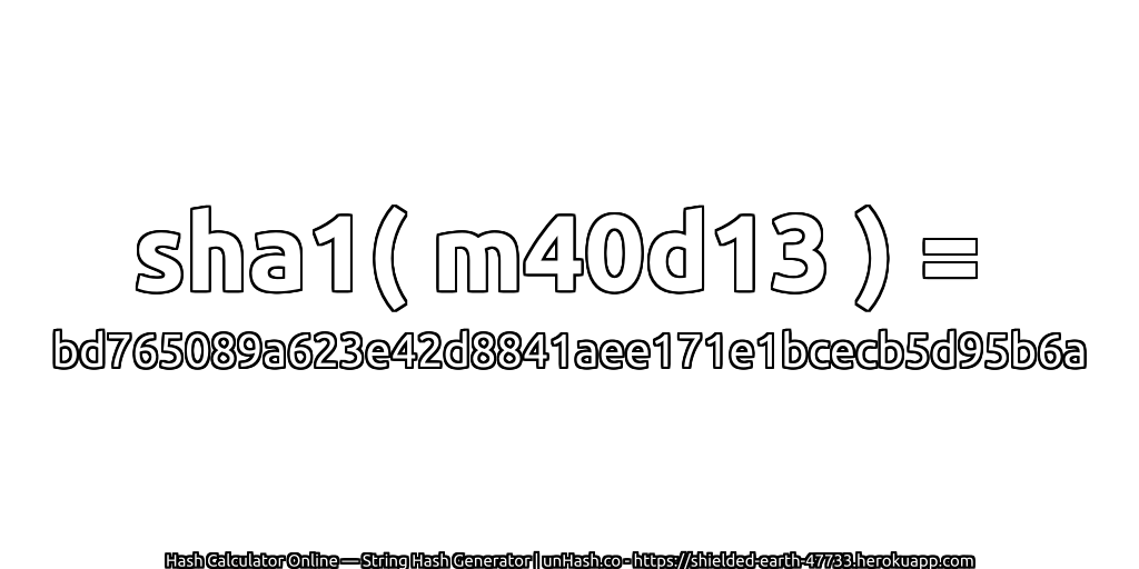 sha1( m40d13 ) = bd765089a623e42d8841aee171e1bcecb5d95b6a | unHash.co