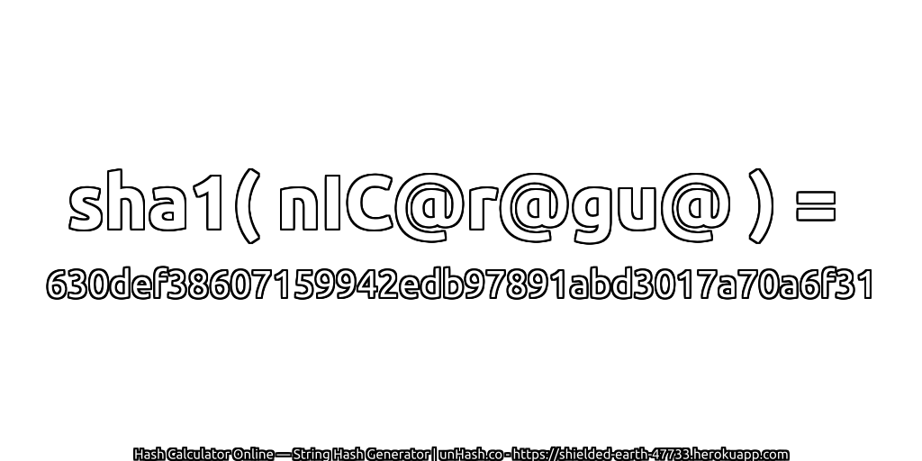 sha1( nIC@r@gu@ ) = 630def38607159942edb97891abd3017a70a6f31 | unHash.co