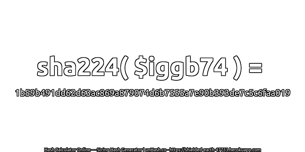 sha224( $iggb74 ) = 1b59b491dd62d63ac869a879074d6b7555a7e90b393de7c5c6faa019 | unHash.co
