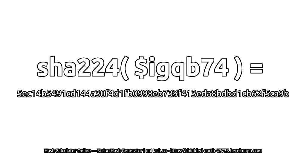 sha224( $igqb74 ) = 5ec14b5491cd144a30f4d1fb0998eb739f413eda8bdbd1cb62f5ca9b | unHash.co