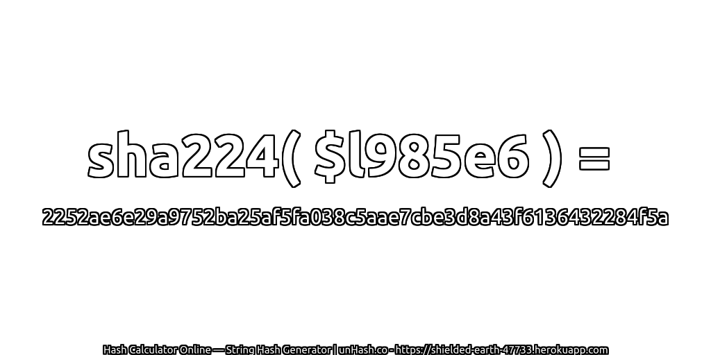 sha224( $l985e6 ) = 2252ae6e29a9752ba25af5fa038c5aae7cbe3d8a43f6136432284f5a | unHash.co