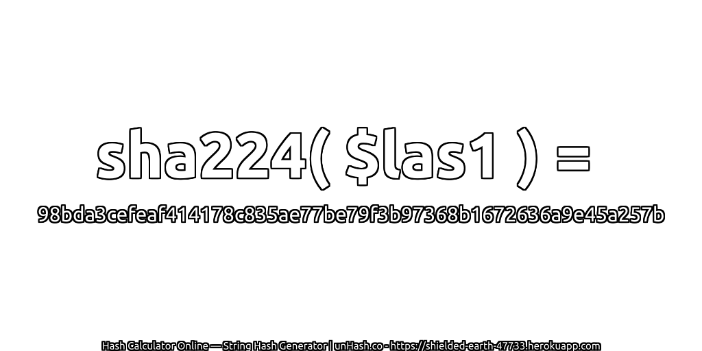 sha224( $las1 ) = 98bda3cefeaf414178c835ae77be79f3b97368b1672636a9e45a257b | unHash.co