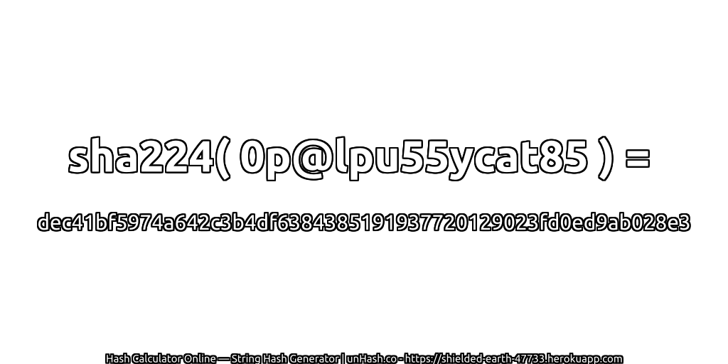sha224( 0p@lpu55ycat85 ) = dec41bf5974a642c3b4df6384385191937720129023fd0ed9ab028e3 | unHash.co