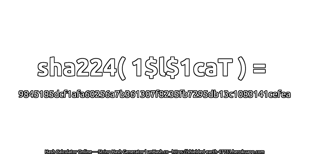 sha224( 1$l$1caT ) = 9845185dcf1afa60256a7b361307f8235fb7295db13c1083141cefea | unHash.co