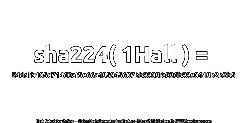 sha224( 1Hall ) = 54ddfb105d71460af5e66a485945607bb9908fa836b99e0418b2b2b5 | unHash.co