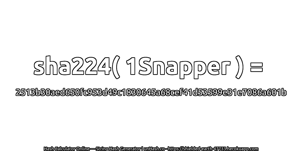 sha224( 1Snapper ) = 2513b30aed650fc953d49c1830645a68cef41d53599e31e7086a601b | unHash.co