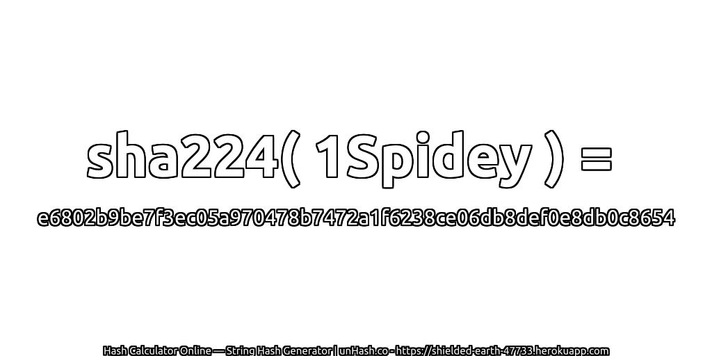 sha224( 1Spidey ) = e6802b9be7f3ec05a970478b7472a1f6238ce06db8def0e8db0c8654 | unHash.co