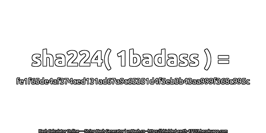 sha224( 1badass ) = fe1f65de4af374ced131ad67a9c65351d4f5eb3b43aa999f368c995c | unHash.co