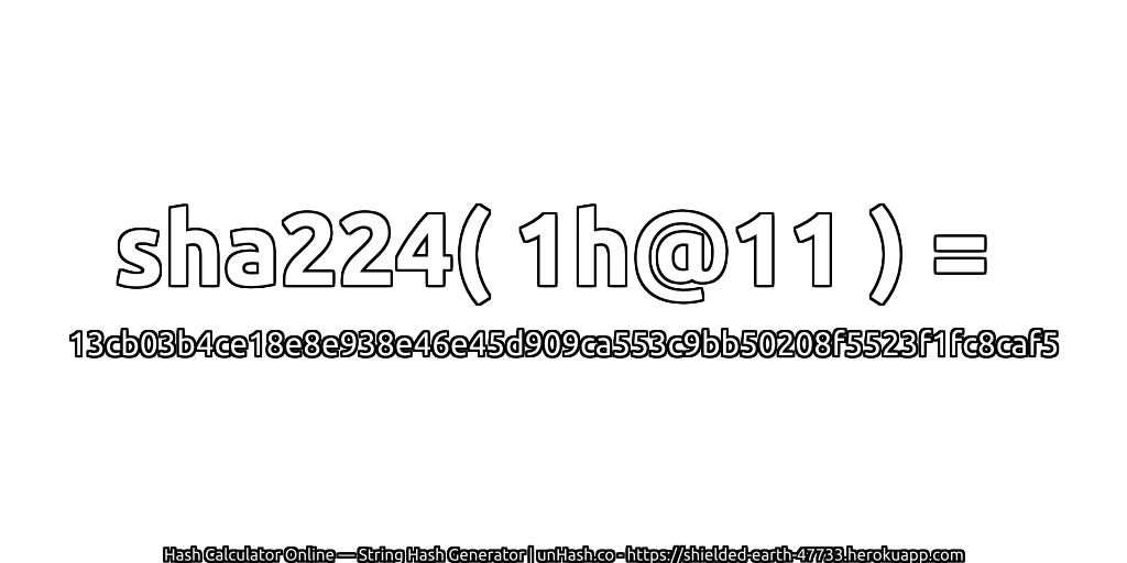 sha224( 1h@11 ) = 13cb03b4ce18e8e938e46e45d909ca553c9bb50208f5523f1fc8caf5 | unHash.co