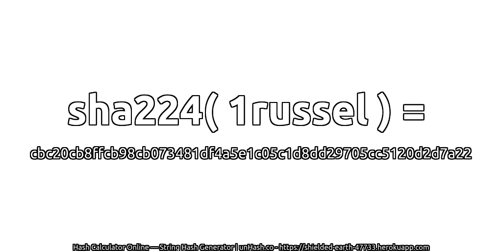 sha224( 1russel ) = cbc20cb8ffcb98cb073481df4a5e1c05c1d8dd29705cc5120d2d7a22 | unHash.co