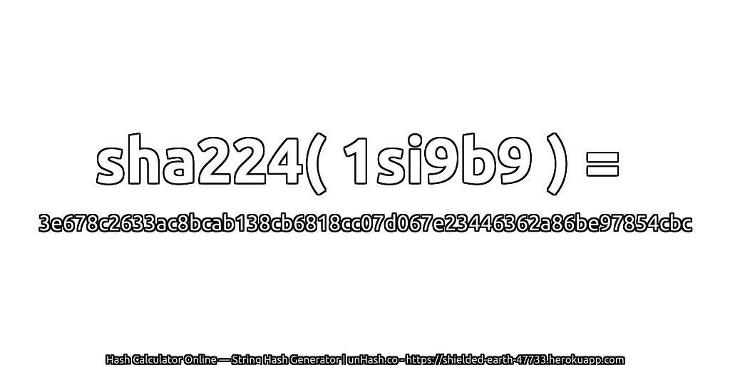 sha224( 1si9b9 ) = 3e678c2633ac8bcab138cb6818cc07d067e23446362a86be97854cbc | unHash.co