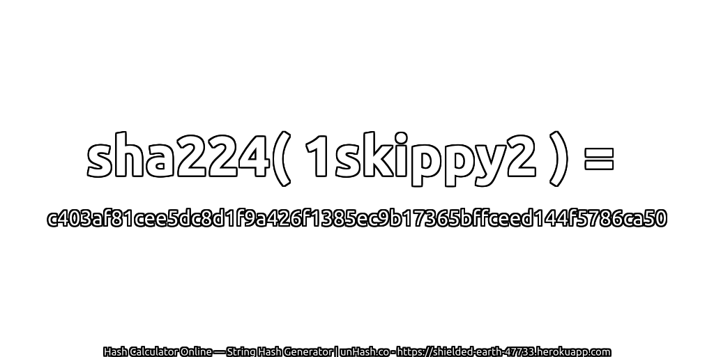 sha224( 1skippy2 ) = c403af81cee5dc8d1f9a426f1385ec9b17365bffceed144f5786ca50 | unHash.co