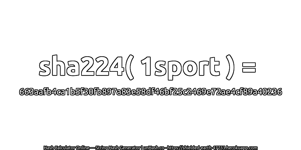 sha224( 1sport ) = 663aafb4ca1b5f30fb897a83e58df46bf25c2469e72ae4cf89a40236 | unHash.co