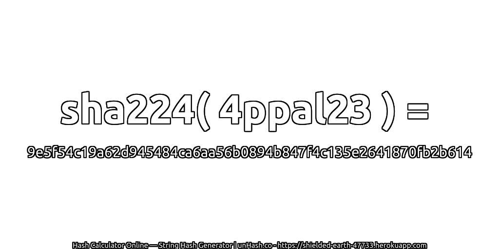sha224( 4ppal23 ) = 9e5f54c19a62d945484ca6aa56b0894b847f4c135e2641870fb2b614 | unHash.co
