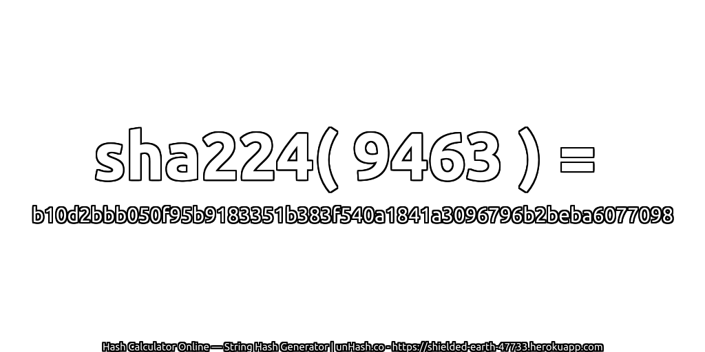 sha224( 9463 ) = b10d2bbb050f95b9183351b383f540a1841a3096796b2beba6077098 | unHash.co