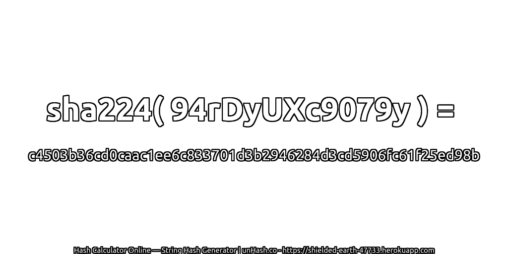 sha224( 94rDyUXc9079y ) = c4503b36cd0caac1ee6c833701d3b2946284d3cd5906fc61f25ed98b | unHash.co
