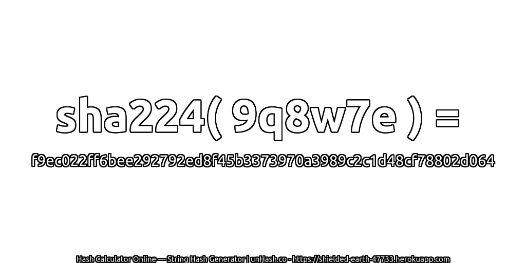 sha224( 9q8w7e ) = f9ec022ff6bee292792ed8f45b3373970a3989c2c1d48cf78802d064 | unHash.co