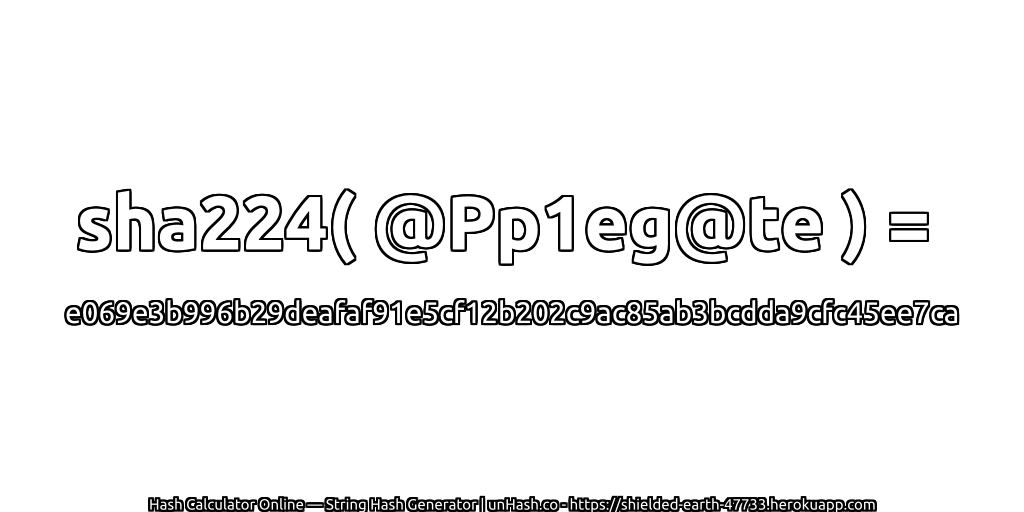 sha224( @Pp1eg@te ) = e069e3b996b29deafaf91e5cf12b202c9ac85ab3bcdda9cfc45ee7ca | unHash.co