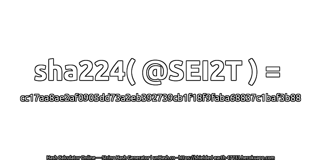 sha224( @SEI2T ) = cc17aa8ae2af0905dd73a2eb392739cb1f18f9faba68837c1baf3b88 | unHash.co