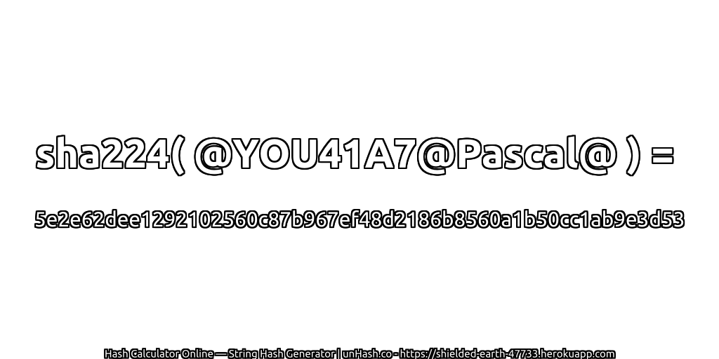sha224( @YOU41A7@Pascal@ ) = 5e2e62dee1292102560c87b967ef48d2186b8560a1b50cc1ab9e3d53 | unHash.co