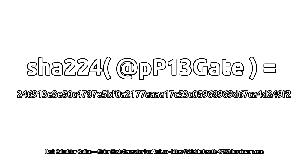 sha224( @pP13Gate ) = 246913e3e50c4787e5bf0a2177aaaa17c53c05968969d67ca4d249f2 | unHash.co