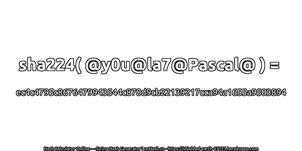 sha224( @y0u@la7@Pascal@ ) = ec4c4795c8676479943544c870d9cb22139217cca94a1655a9503894 | unHash.co