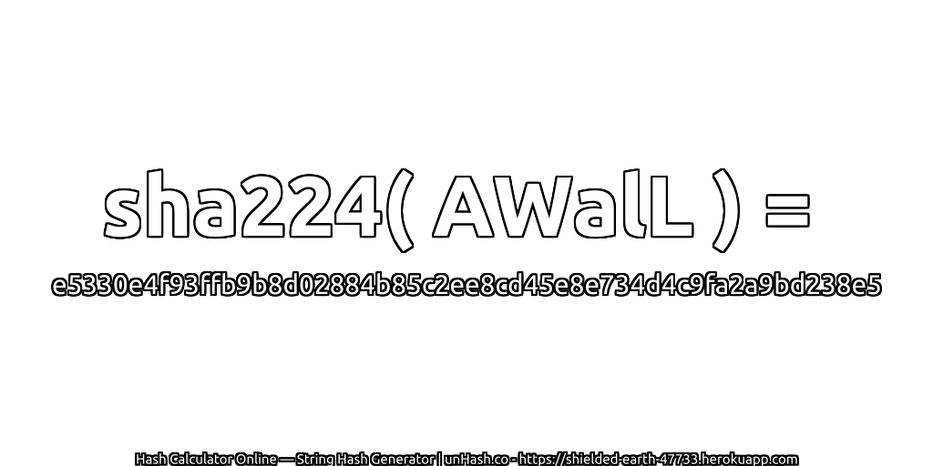 sha224( AWalL ) = e5330e4f93ffb9b8d02884b85c2ee8cd45e8e734d4c9fa2a9bd238e5 | unHash.co