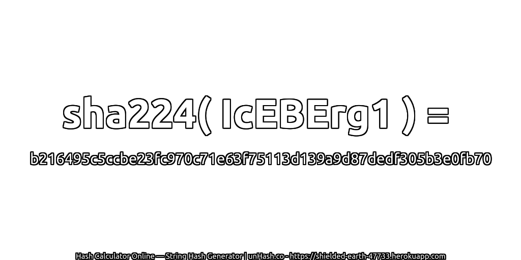 sha224( IcEBErg1 ) = b216495c5ccbe23fc970c71e63f75113d139a9d87dedf305b3e0fb70 | unHash.co