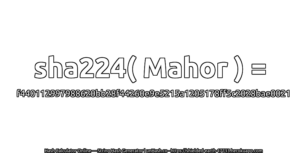 sha224( Mahor ) = f440112997988620bb28f44260e9e5215a1205178ff5c2028bae0021 | unHash.co