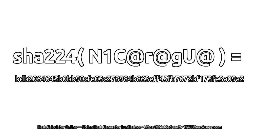 sha224( N1C@r@gU@ ) = bdb2064645b0bb90cfe03c278984b863eff45fb7672bf173fe3a09a2 | unHash.co