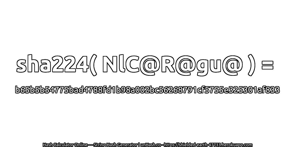 sha224( NlC@R@gu@ ) = b65b5b54775bad4788fd1b98a002bc56268791cf5755e325301af833 | unHash.co