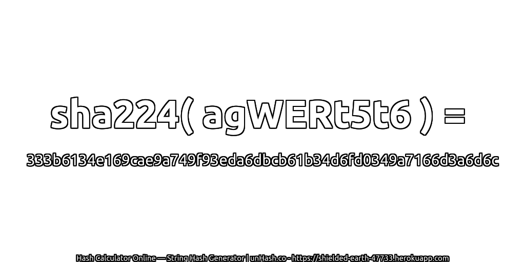 sha224( agWERt5t6 ) = 333b6134e169cae9a749f93eda6dbcb61b34d6fd0349a7166d3a6d6c | unHash.co