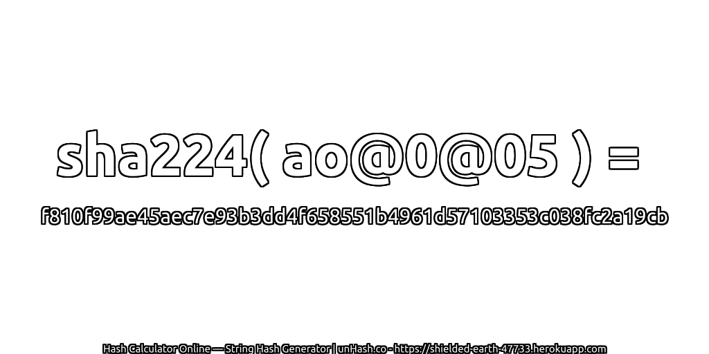 sha224( ao@0@05 ) = f810f99ae45aec7e93b3dd4f658551b4961d57103353c038fc2a19cb | unHash.co