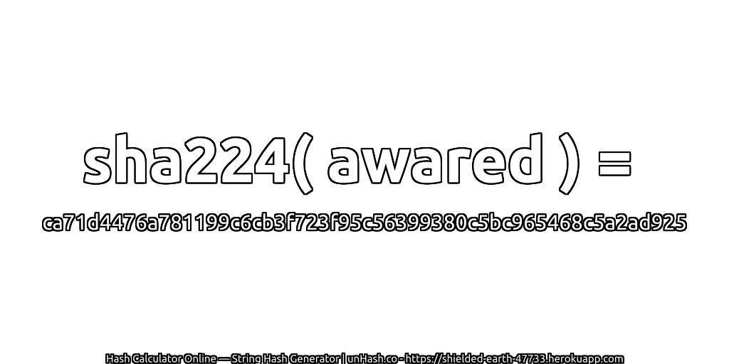sha224( awared ) = ca71d4476a781199c6cb3f723f95c56399380c5bc965468c5a2ad925 | unHash.co