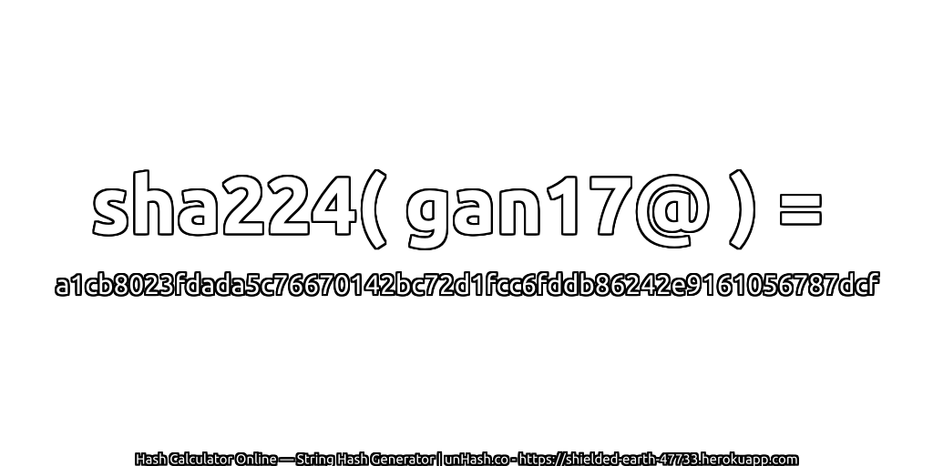 sha224( gan17@ ) = a1cb8023fdada5c76670142bc72d1fcc6fddb86242e9161056787dcf | unHash.co