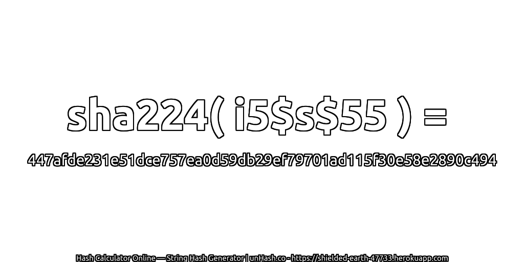 sha224( i5$s$55 ) = 447afde231e51dce757ea0d59db29ef79701ad115f30e58e2890c494 | unHash.co