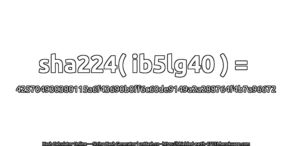 sha224( ib5lg40 ) = 425704930380115a6f43690b0ff6c60de9149a2a288764f4b7a96672 | unHash.co